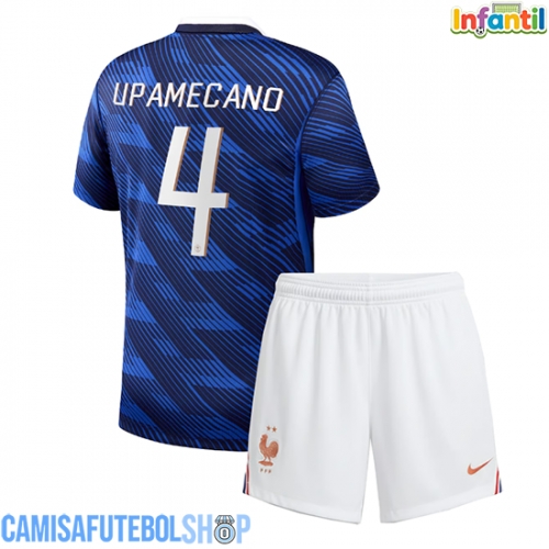 Camisa de time de futebol França Dayot Upamecano #4 Replicas 1º Equipamento Infantil Mundo 2026 Manga Curta (+ Calças curtas)